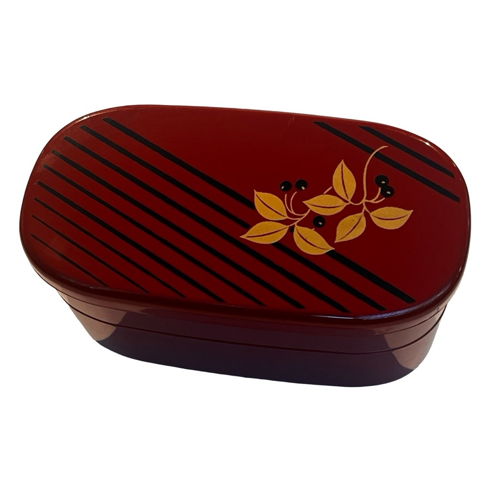 Vtg Japanese Red Lacquer Cherry Blossom Bento Dresser Box 2 Tier Girl Dinner